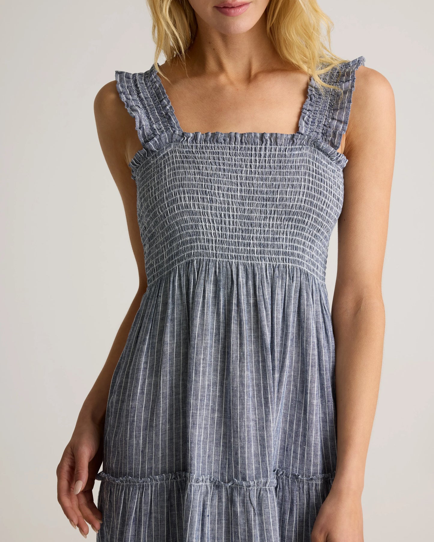 100% European Linen Smocked Midi Dress - XS / Ivory Porcelain Blue Petite Floral
