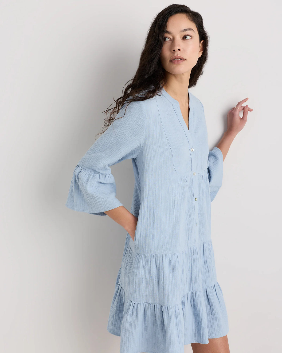 100% Organic Cotton Gauze Long Sleeve Tiered Mini Dress - XS / Amaranth Pink