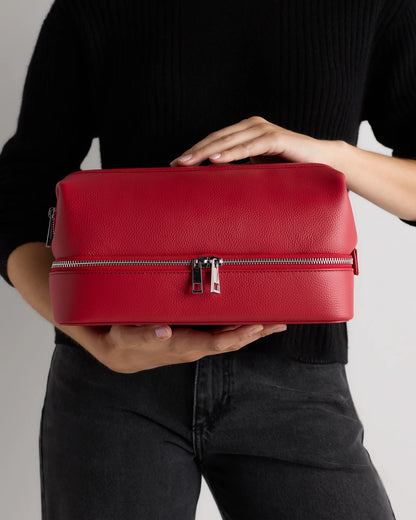 Italian Leather Dual Compartment Toiletry Bag - One Size / Ruby Red