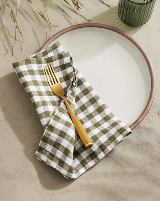 European Linen Gingham Napkins (Set of 8) - One Size / Olive