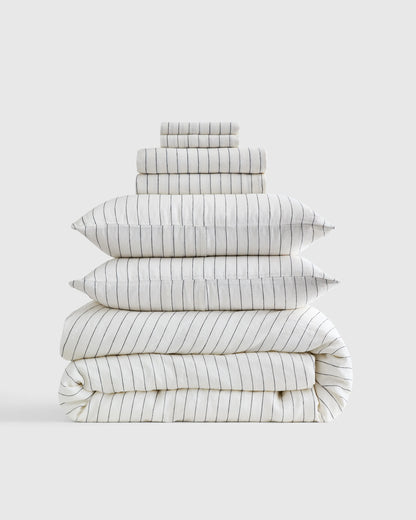 European Linen Stripe Deluxe Bedding Bundle - Twin / Willowleaf/White Stripe
