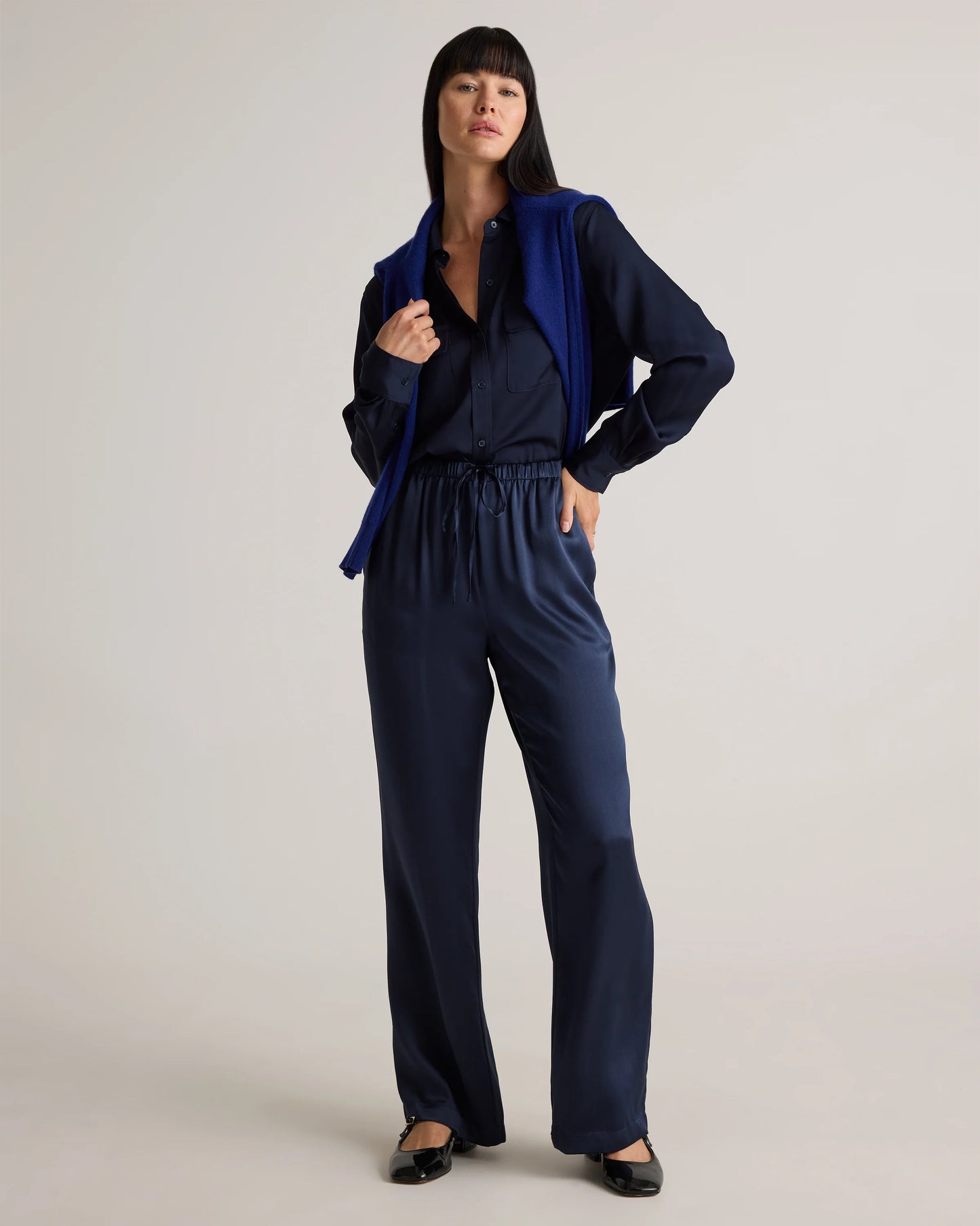100% Washable Silk Drawstring Wide Leg Pants - XS / Black