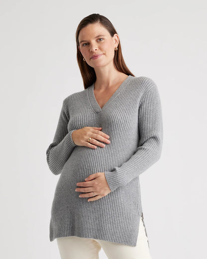 Mongolian Cashmere Ribbed Side Zip Maternity Sweater - XS / Heather Vintage Pink