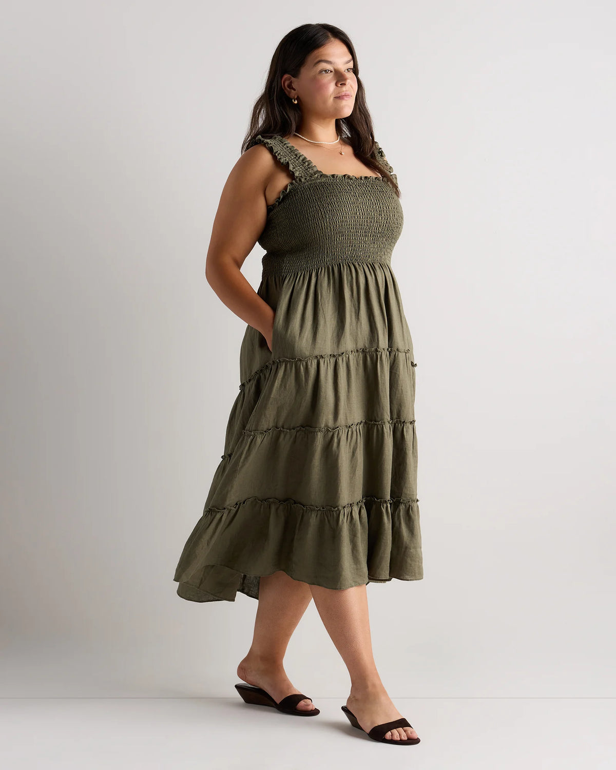 100% European Linen Smocked Midi Dress - 1X / Flax