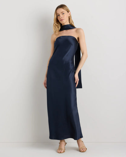 100% Washable Silk Strapless Scarf Maxi Dress - XS / Black