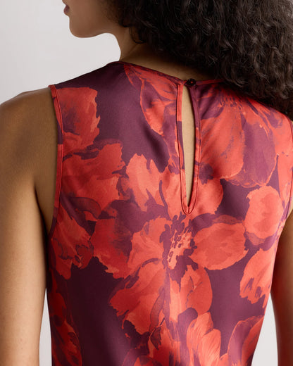 Washable Stretch Silk Tank Midi Dress - XS / Cordovan Red Hibiscus