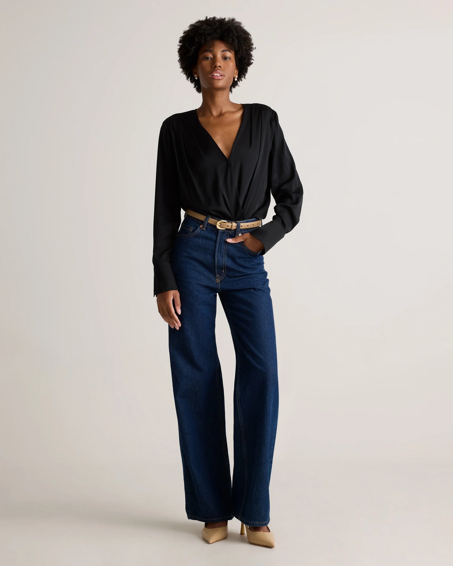 Washable Stretch Silk Surplice Bodysuit - XS / Moonstone Blue