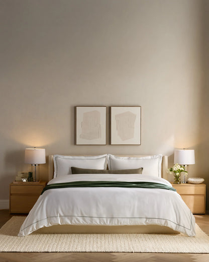 Signature Giza Cotton Sateen Embroidered Duvet Cover Set - Twin / White/Dried Sage
