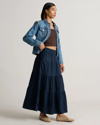 Vintage Wash Tencel Tiered Maxi Skirt - XS / Olive