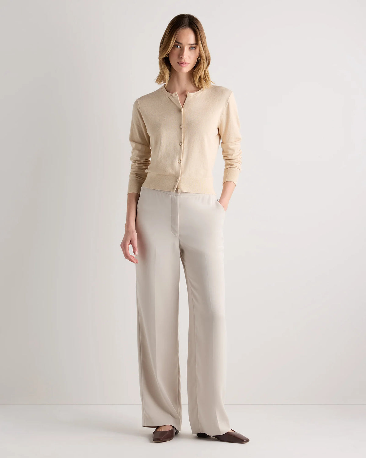 Lightweight Cotton Cashmere Crew Cardigan - XS / Heather Oatmeal