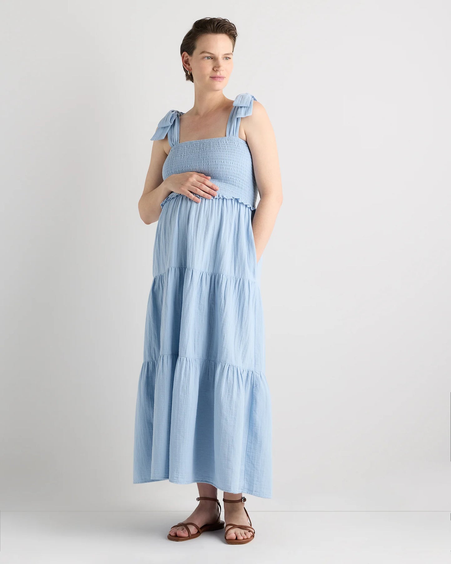 100% Organic Cotton Gauze Smocked Sleeveless Midi Dress - XS / Khaki Gingham