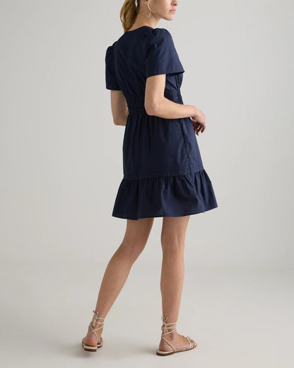 100% Organic Cotton Poplin Tiered Mini Dress - XS / Riviera Blue Heirloom Floral