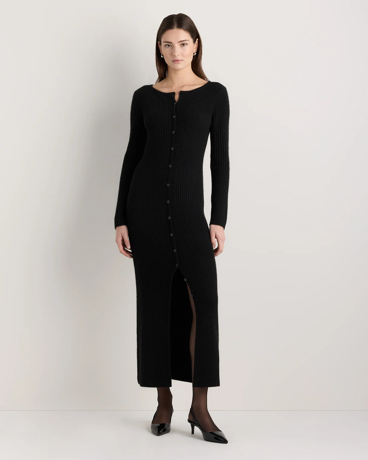 100% Yak Wool Ribbed Cardigan Sweater Dress - XS / Heather Brown