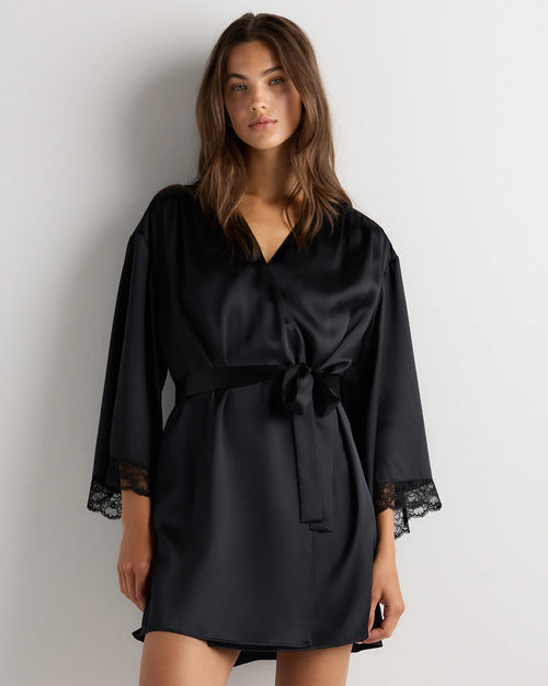 100% Washable Silk Satin Lace Trim Robe - XS / Black