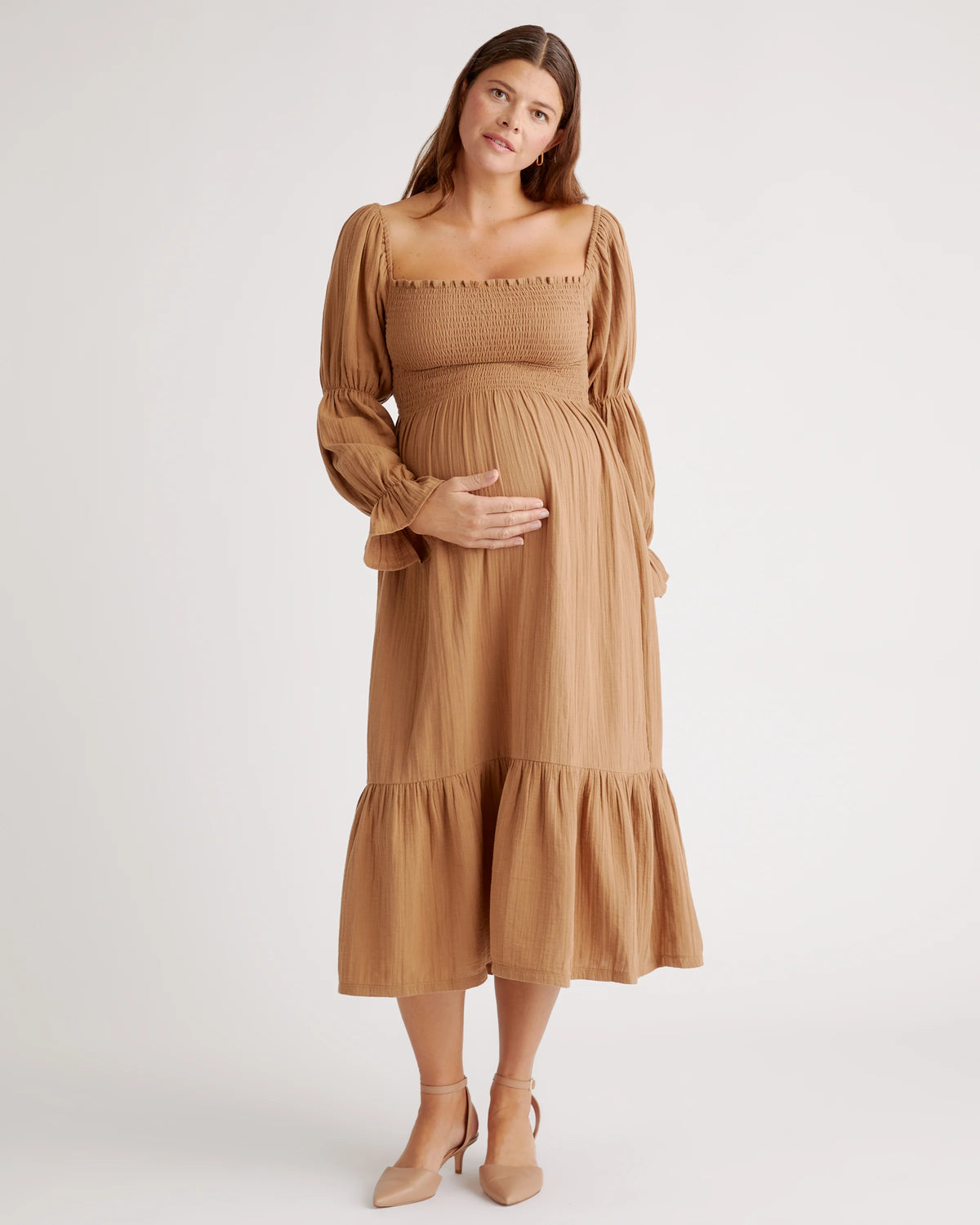 100% Organic Cotton Gauze Maternity Smocked Midi Dress - XS / Wild Cherry