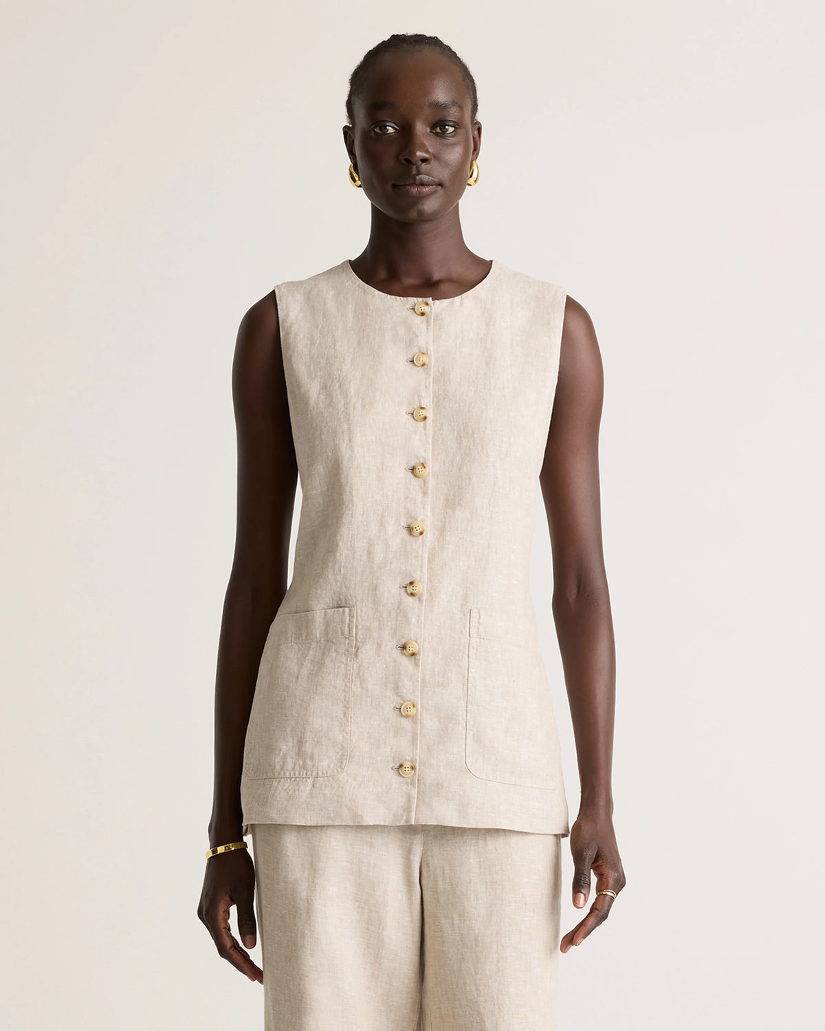 100% European Linen Longline Vest - XS / Taupe Brown Chambray