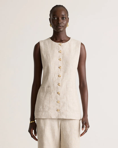 100% European Linen Longline Vest - XS / Taupe Brown Chambray