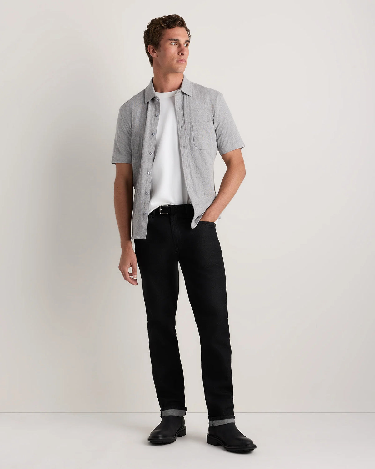 100% Organic Cotton Slub Short Sleeve Button Up Shirt - S / Heather Grey