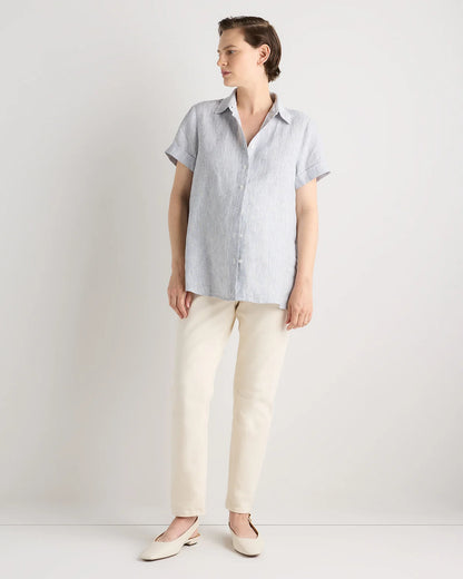 100% European Linen Maternity Camp Shirt - XS / Blue Pinstripe