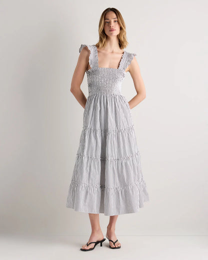 100% Organic Cotton Poplin Smocked Midi Dress - XS / Riviera Blue Heirloom Floral