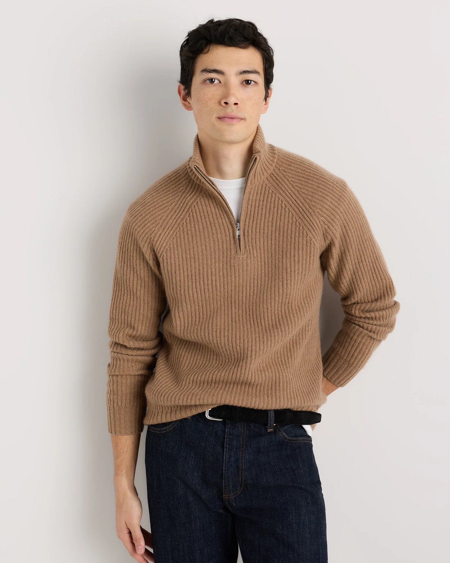 Mongolian Cashmere Fisherman Quarter Zip Sweater - S / Navy Marl