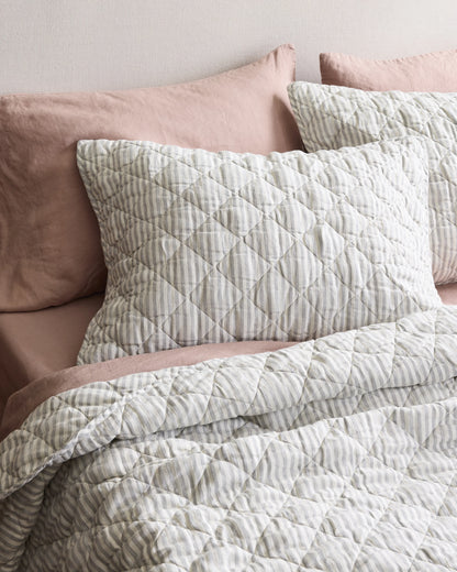 European Linen Stripe Quilt - Twin / Mist/White Stripe