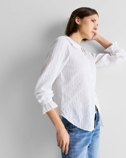 Embroidered Cotton Ruffle Collar Long Sleeve Blouse - XS / Ivory Rose Pink Petite Floral