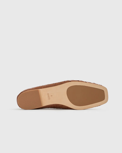Italian Leather Handwoven Square Toe Ballet Flat - 5 / Cognac