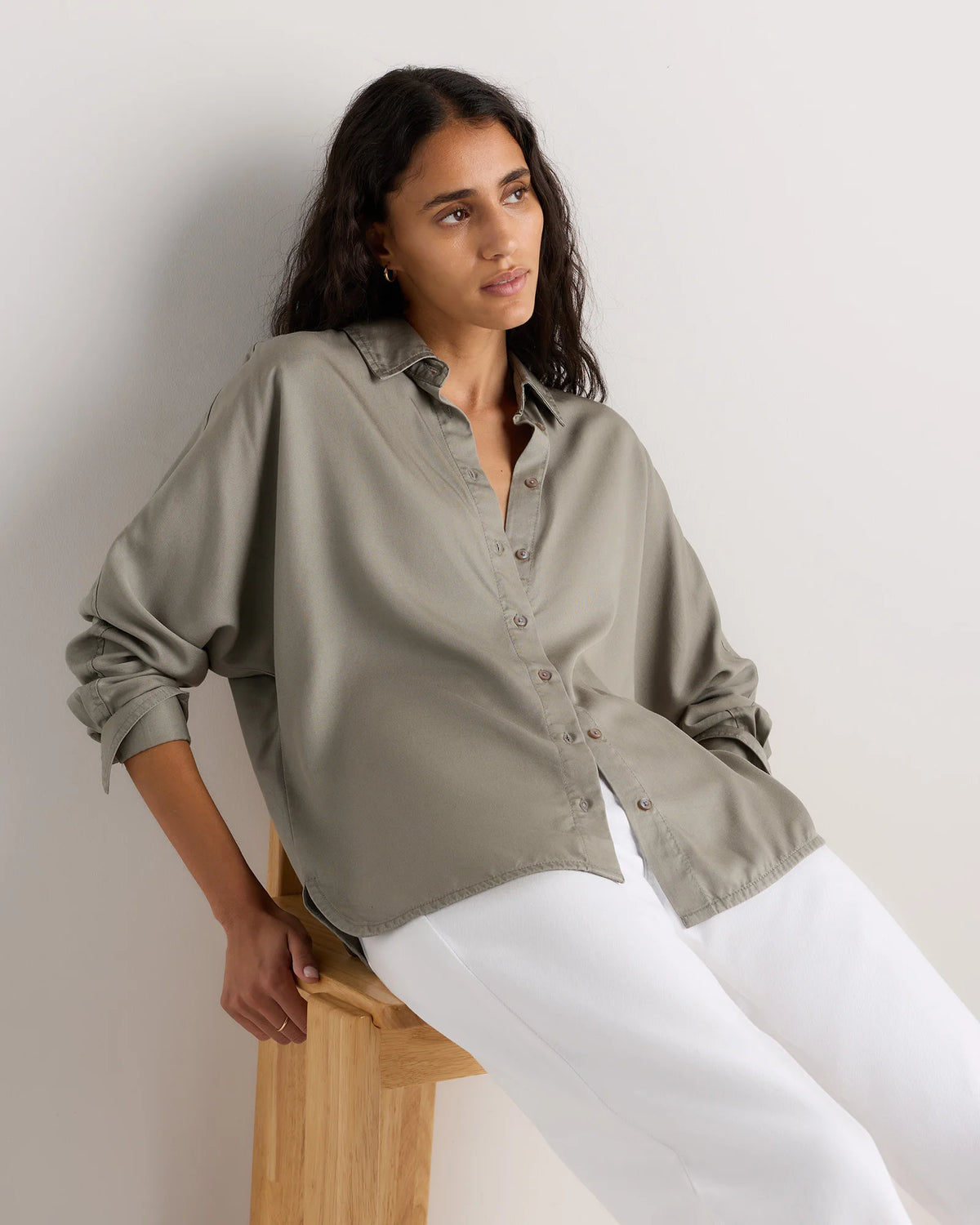 Vintage Wash Tencel Dolman Long Sleeve Shirt - XS / White