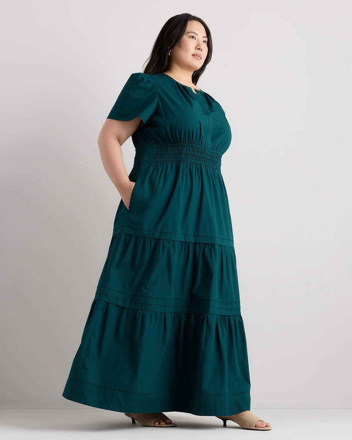 100% Organic Cotton Poplin Tiered Maxi Dress - 1X / Ocean Green