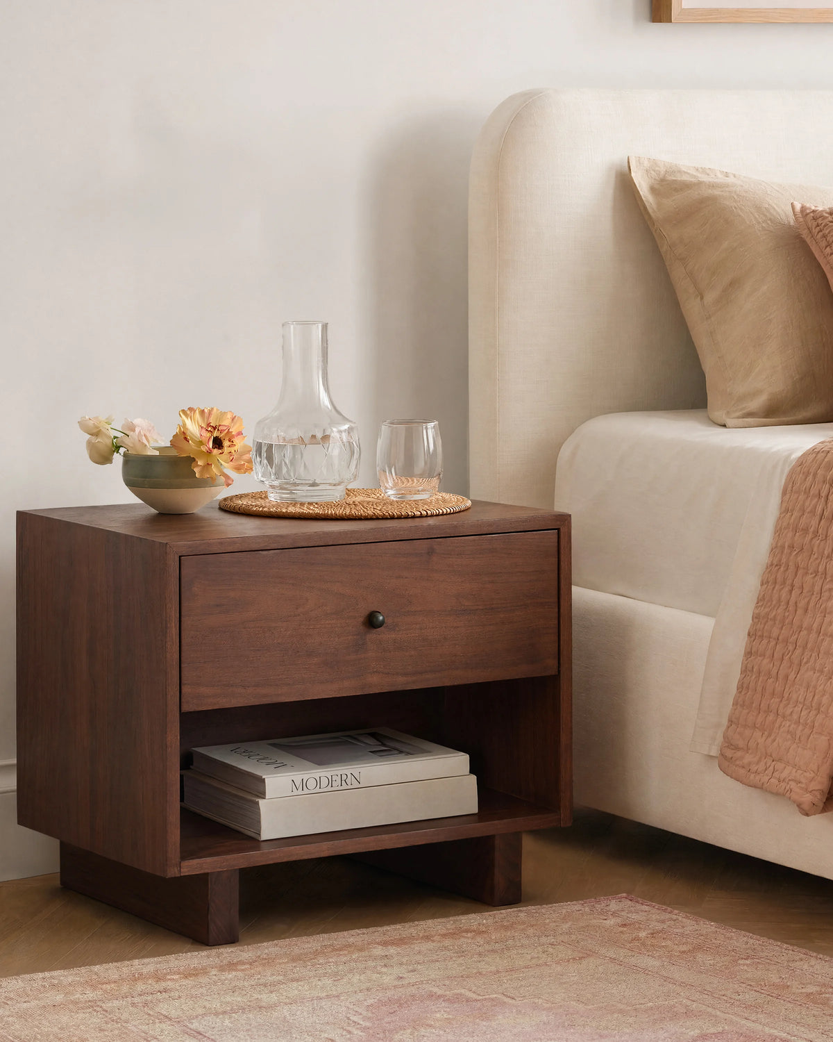 Solid Wood Platform 1-Drawer Nightstand - One Size / Walnut Brown