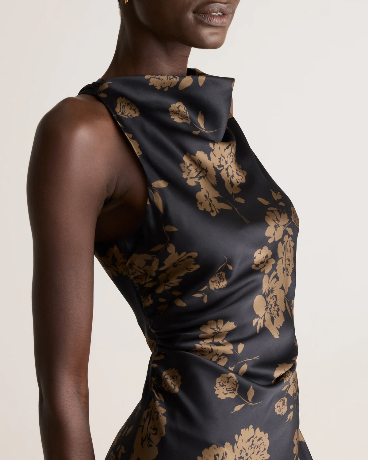 Washable Stretch Silk High Neck Midi Dress - XS / Vintage Navy Roses