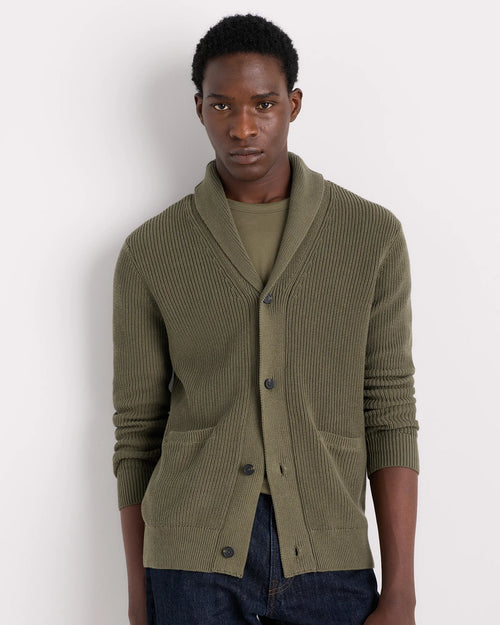 100% Organic Cotton Ribbed Shawl-Collar Cardigan Sweater - S / Bayberry Olive