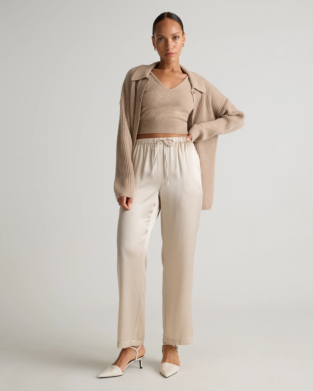 100% Washable Silk Drawstring Wide Leg Pants - XS / Champagne