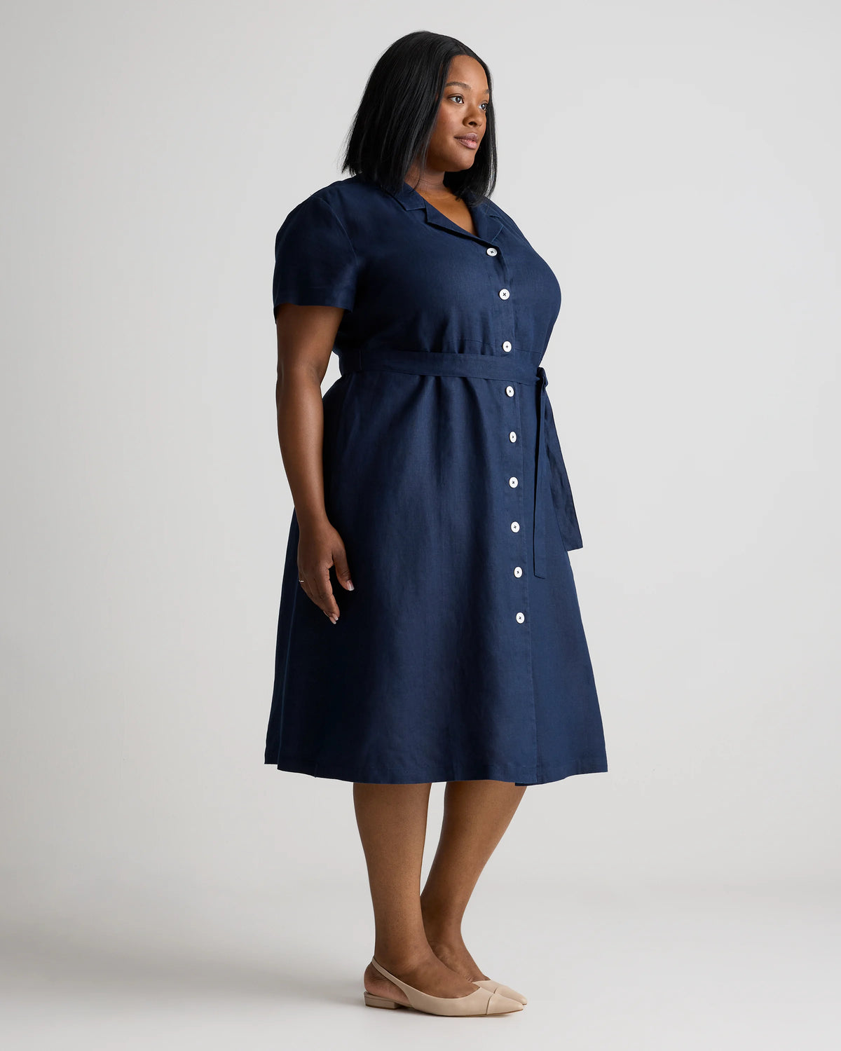 100% European Linen Button Front Dress - 1X / Blue Pinstripe