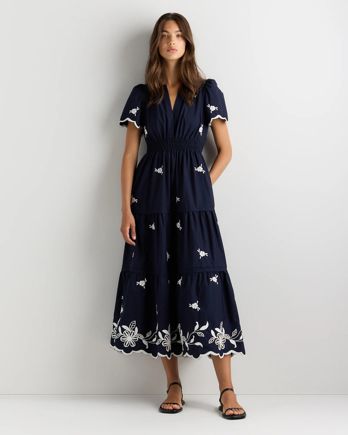 100% Organic Cotton Poplin Embroidered Tiered Maxi Dress - XS / Moonstone Blue