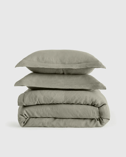 European Linen Double Flange Duvet Cover Set - Twin / Dusty Olive