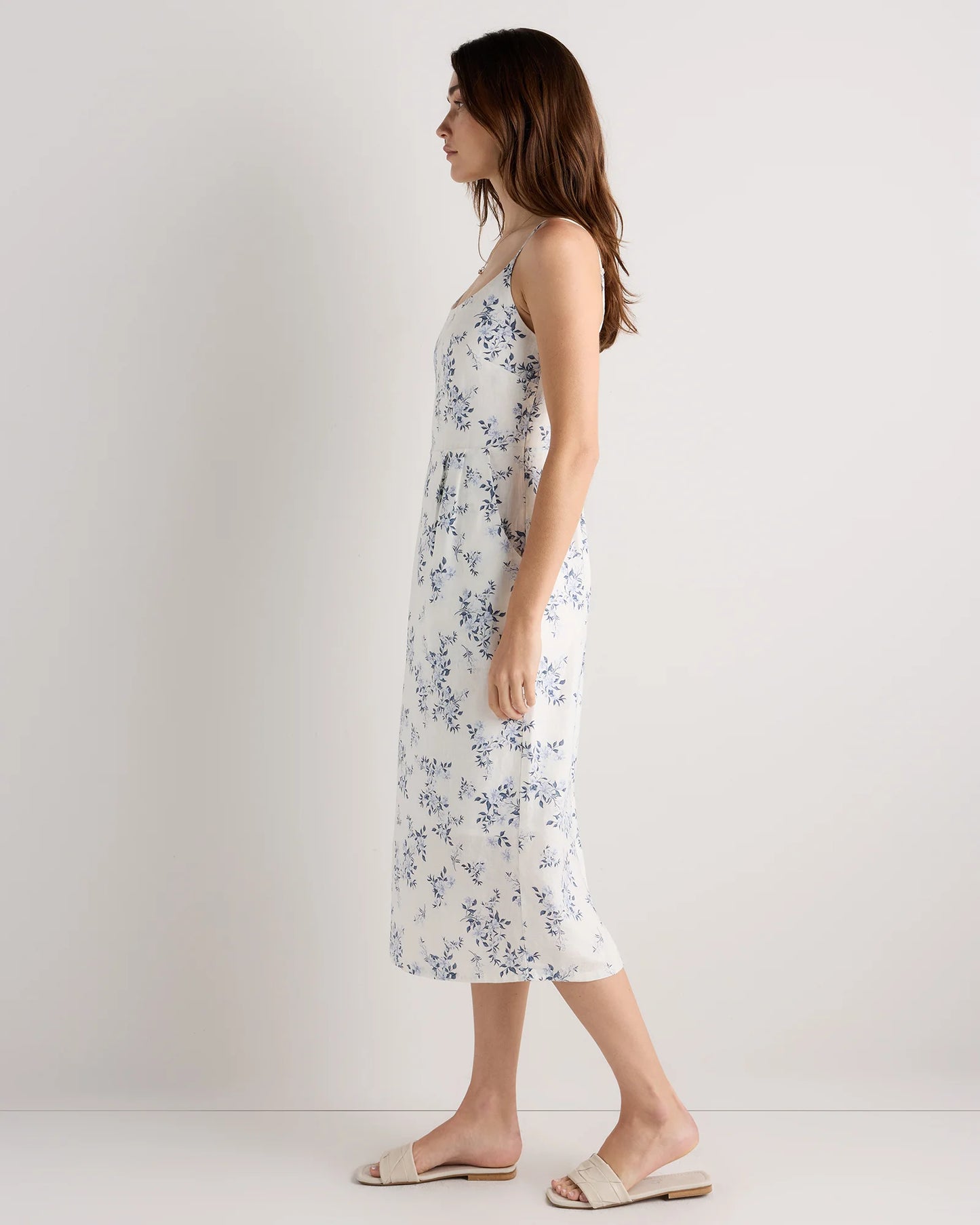 100% European Linen Scoop Neck Midi Dress - XS / Ivory Porcelain Blue Petite Floral