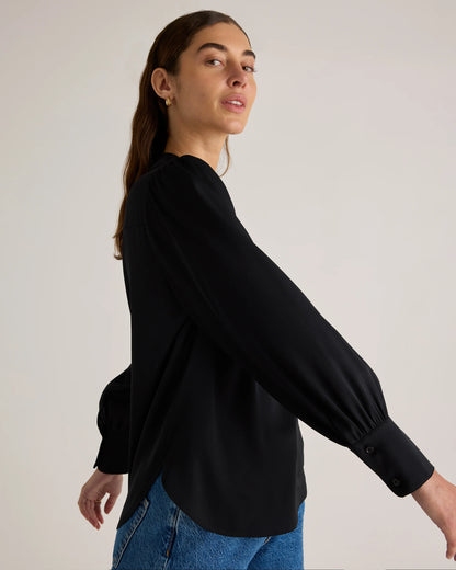 Washable Stretch Silk Split Neck Blouse - XS / Forest Green