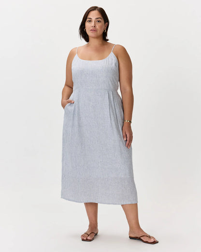 100% European Linen Scoop Neck Midi Dress - 1X / Deep Navy