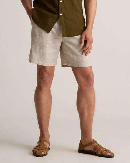 100% European Linen Drawstring Beach Shorts - 7" - XS / Taupe Brown Chambray