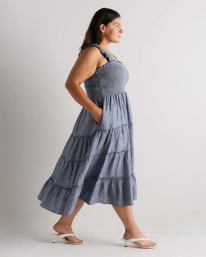 100% European Linen Smocked Midi Dress - 1X / Flax