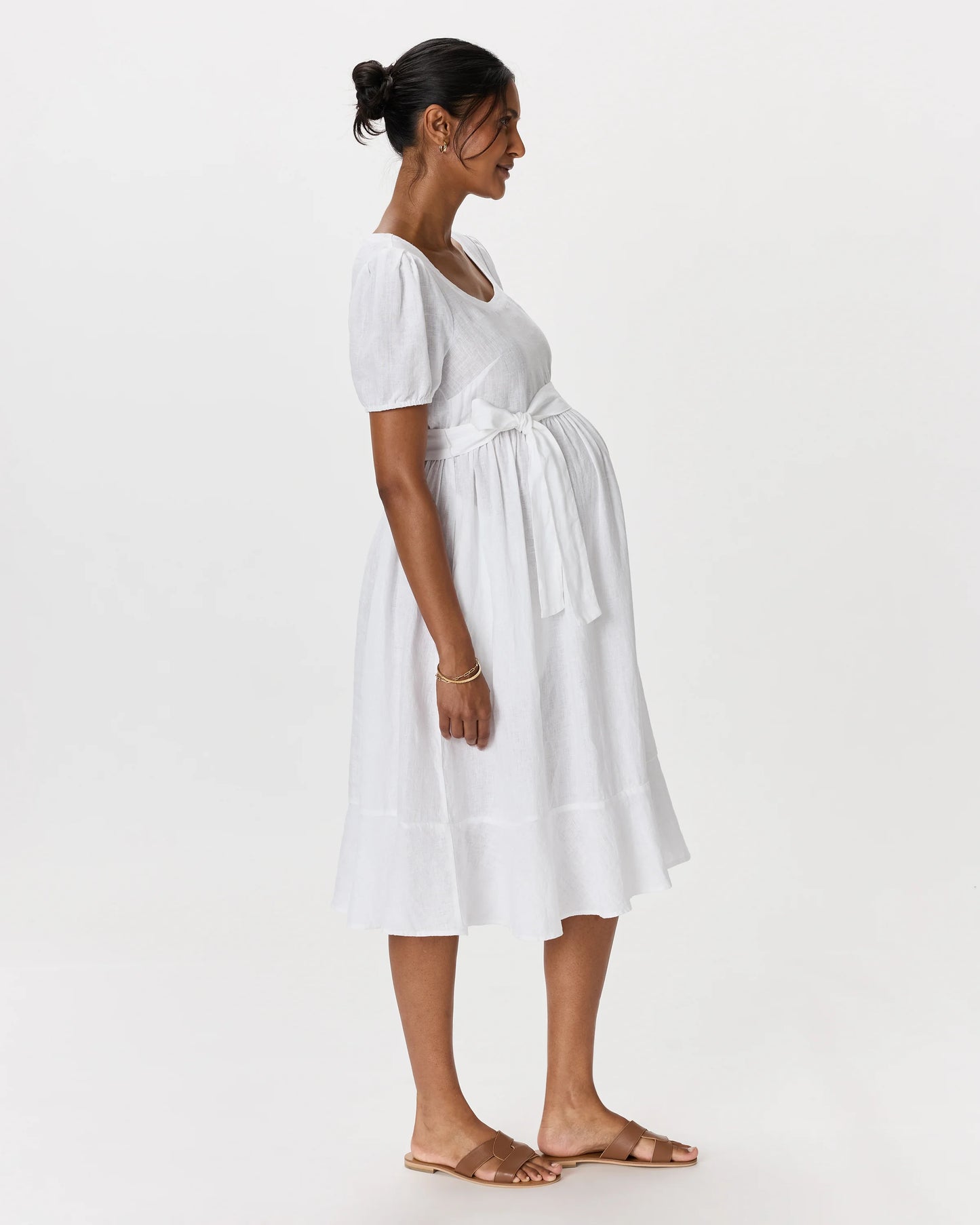 100% European Linen Maternity Short Sleeve Midi Dress - XS / Ivory Porcelain Blue Petite Floral