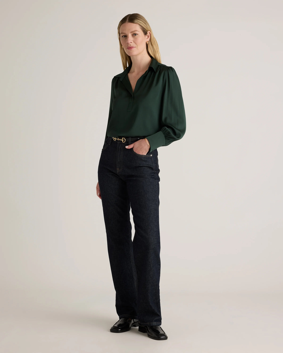 Washable Stretch Silk Split Neck Blouse - XS / Forest Green