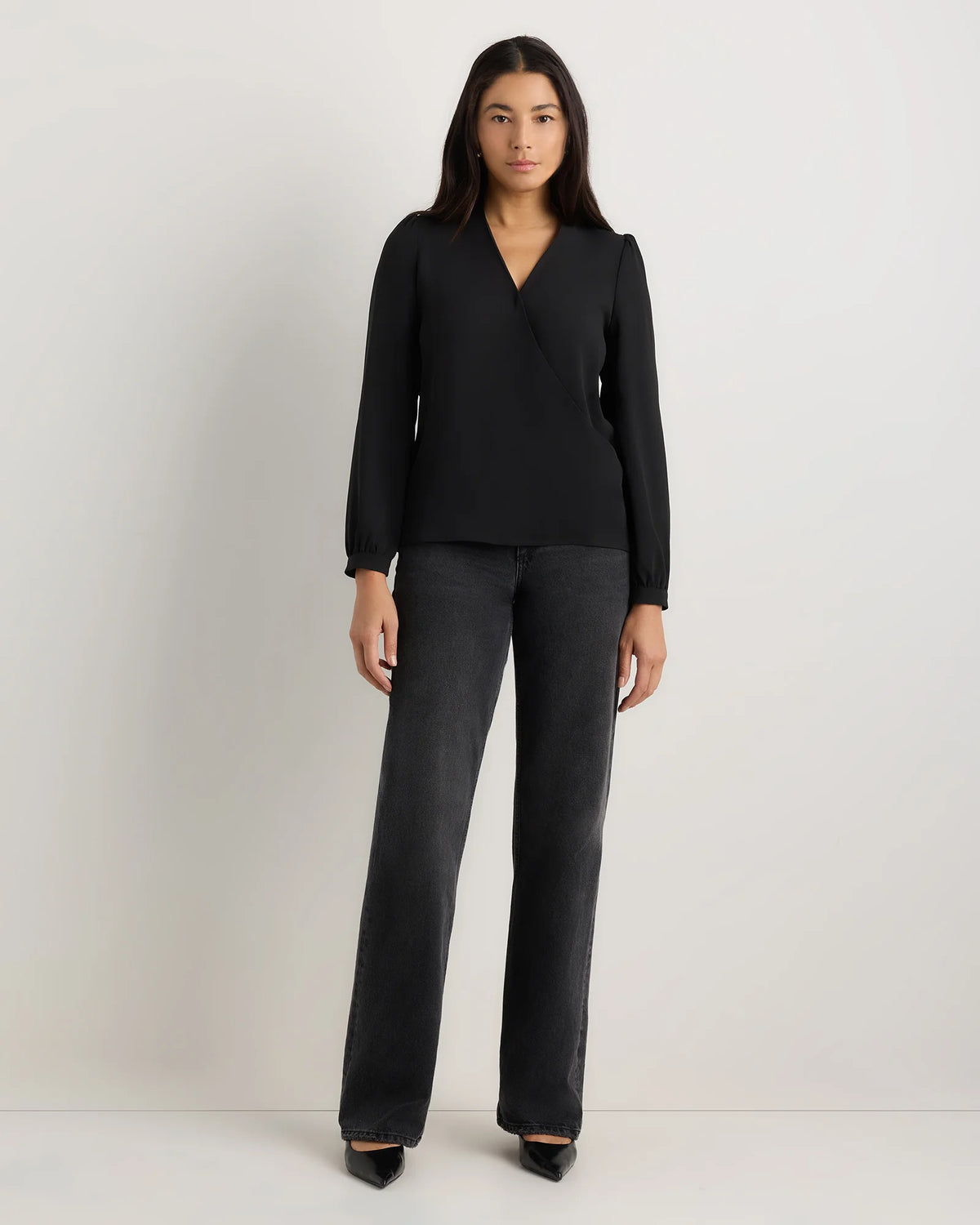 Fluid Crepe Surplice Long Sleeve Blouse - XS / Textured Navy