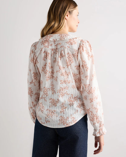 Embroidered Cotton Ruffle Collar Long Sleeve Blouse - XS / Ivory Rose Pink Petite Floral
