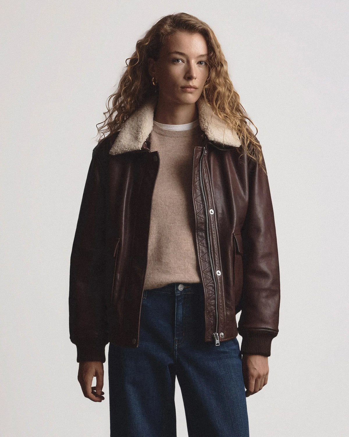 100% Leather Shearling Trim Aviator Jacket - XS / True Black