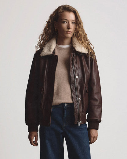 100% Leather Shearling Trim Aviator Jacket - XS / True Black