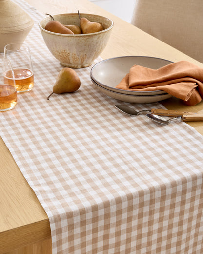 European Linen Gingham Table Runner - 16x108 / Cafe