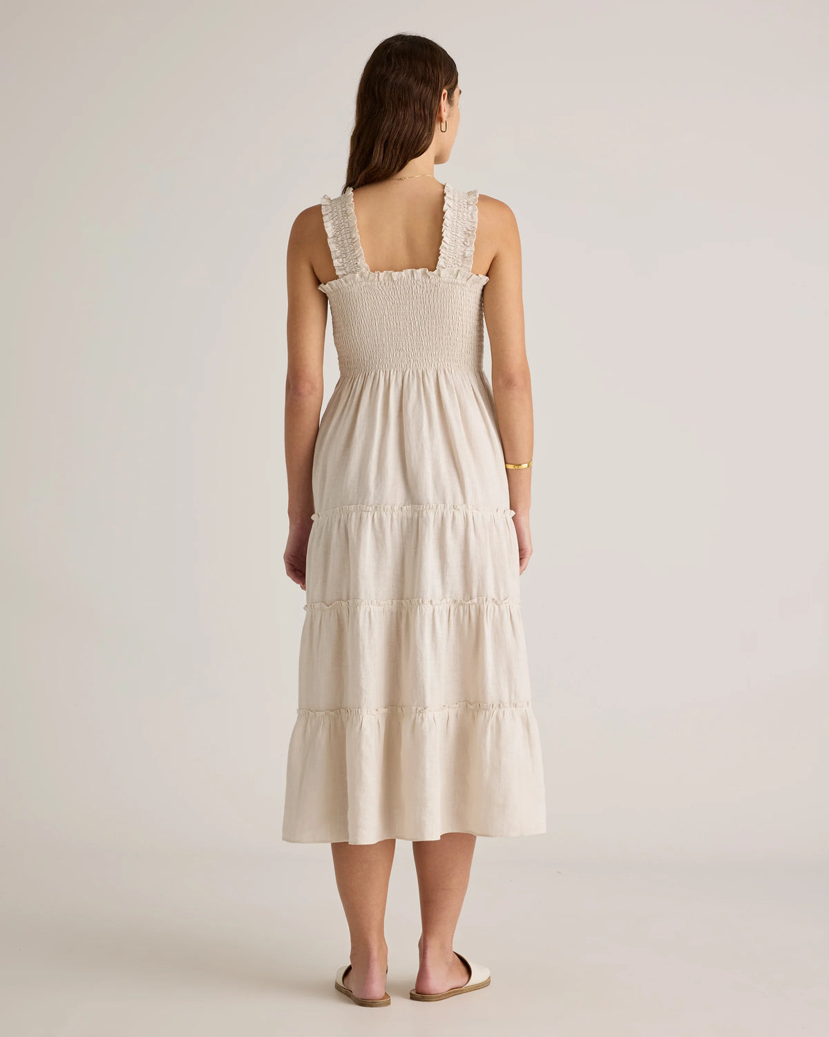 100% European Linen Smocked Midi Dress - XS / Ivory Porcelain Blue Petite Floral
